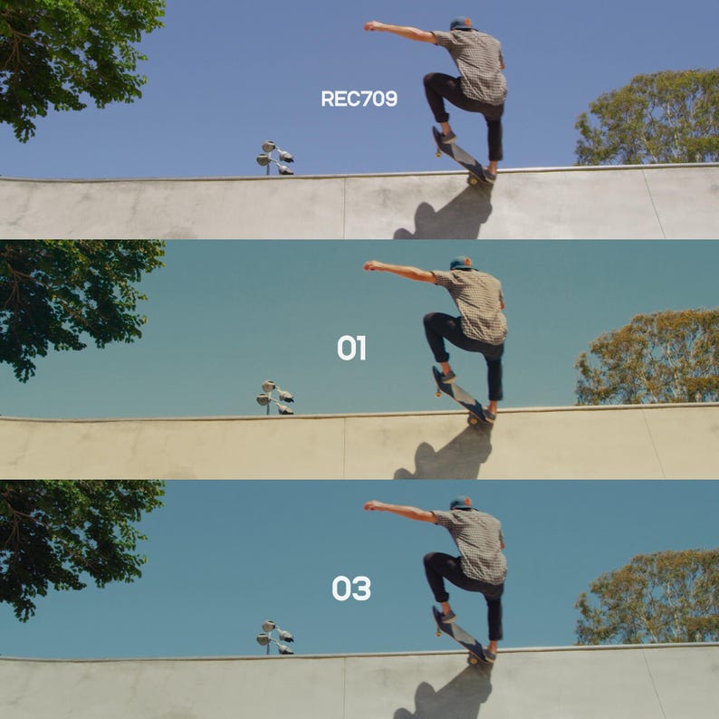 May include: Three images of a skateboarder performing a trick in a skate park. The top image has the text "REC709". The second image has the number "01". The third image has the number "03". The background is a clear blue sky.