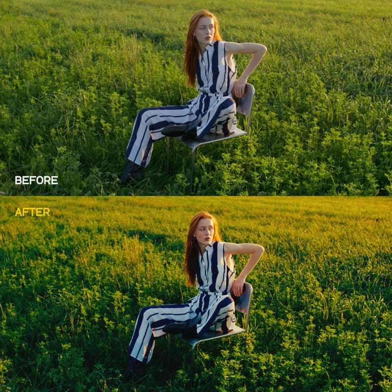May include: A woman in a sleeveless jumpsuit with vertical navy and white stripes sits on a gray chair in a field of green grass. The image has the text "BEFORE" and "AFTER" in the upper left corner.