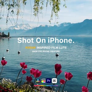 Puede incluir: Paisaje escénico con un lago, montañas y tulipanes rojos en primer plano. Se muestra el texto "Shot On iPhone", junto con "KODAK INSPIRED FILM LUTS" e iconos de software de edición. La imagen captura una escena serena al aire libre.