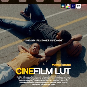 Può includere: Immagine con il testo "CINEMATIC FILM TONES IN SECONDS" e "CINEFILM LUT". Due persone sono sdraiate a terra con un pallone da basket. Il testo descrive un profilo colore cinematografico per il montaggio video.