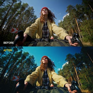 May include: A person riding a bicycle through a forest, with the text "BEFORE" and "AFTER" at the top. The person is wearing a red beanie, a plaid shirt, and a yellow jacket. The sky is blue with some clouds.