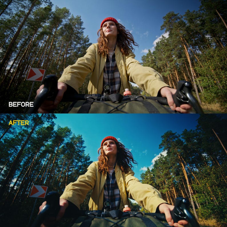 May include: A person riding a bicycle through a forest, with the text "BEFORE" and "AFTER" at the top. The person is wearing a red beanie, a plaid shirt, and a yellow jacket. The sky is blue with some clouds.