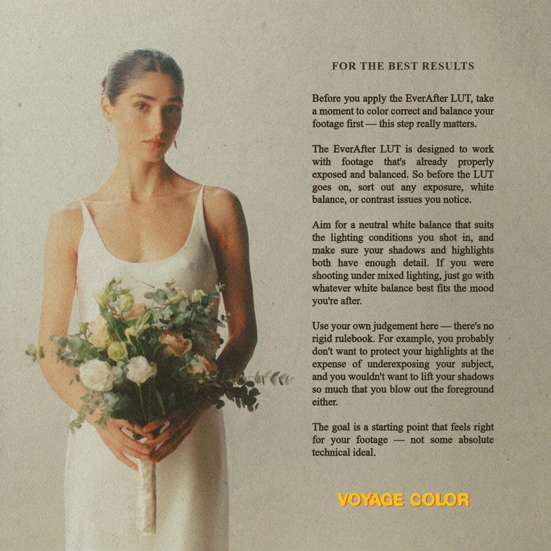 May include: A woman in a white dress holds a bouquet of flowers. The bouquet features white, cream, and green blooms. The image has text that reads "FOR THE BEST RESULTS" and "VOYAGE COLOR".