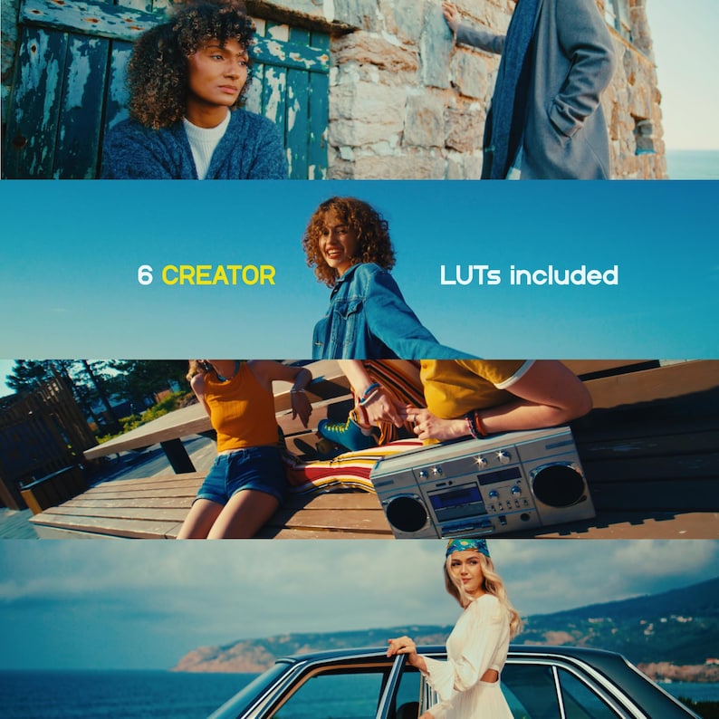 May include: A multi-panel image featuring people in various outdoor settings. The text "6 CREATOR" is in yellow, and "LUTs included" is in white. The scenes include a woman in a denim jacket, people near a boombox, and a woman by a vintage car.