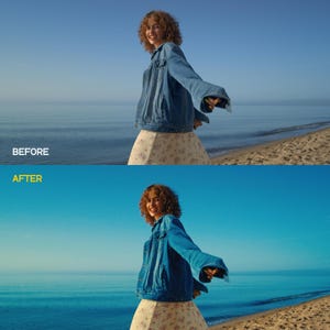 May include: A woman wearing a blue denim jacket and a floral skirt stands on a beach with the ocean in the background. The image is split, with "BEFORE" and "AFTER" text at the top and bottom, showcasing a color adjustment.