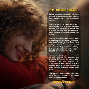 May include: A person with curly hair smiles while reading text on a dark background. The text provides instructions on using CineFilm LUT for video editing, emphasizing color correction and balance. The text also includes the words "VOYAGE COLOR".