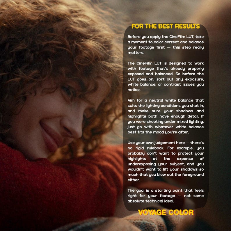 May include: A person with curly hair smiles while reading text on a dark background. The text provides instructions on using CineFilm LUT for video editing, emphasizing color correction and balance. The text also includes the words "VOYAGE COLOR".