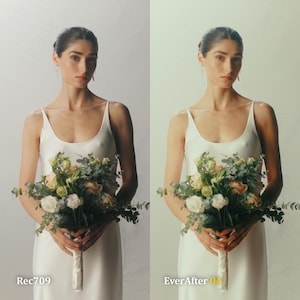 May include: A woman in a white slip dress holds a bouquet of white and light green flowers. The bouquet is wrapped with a cream-colored ribbon. The text "Rec709" is visible in the lower left corner, and "EverAfter 04" is in the lower right corner.