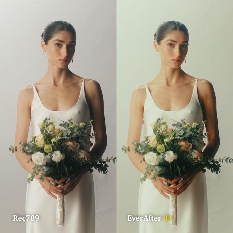 May include: A woman in a white slip dress holds a bouquet of white and light green flowers. The bouquet is wrapped with a cream-colored ribbon. The text "Rec709" is visible in the lower left corner, and "EverAfter 04" is in the lower right corner.