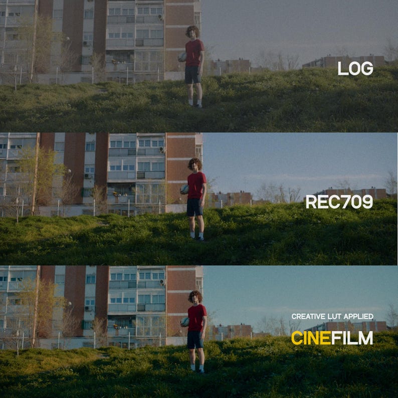 May include: A person in a red shirt and dark shorts stands on a grassy hill, holding a ball. The image is divided into three sections, each with a different color grade: LOG, REC709, and CINEFILM. The CINEFILM section has the text "CREATIVE LUT APPLIED".