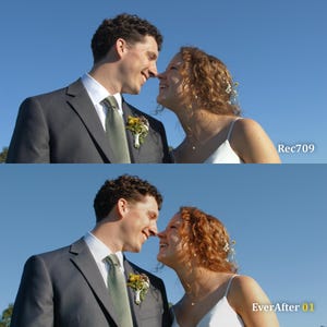 May include: A couple smiles at each other, nose to nose, against a clear blue sky. The man wears a gray suit with a green tie and a boutonniere. The woman wears a white dress and has red hair. The text "Rec709" and "EverAfter 01" are visible.