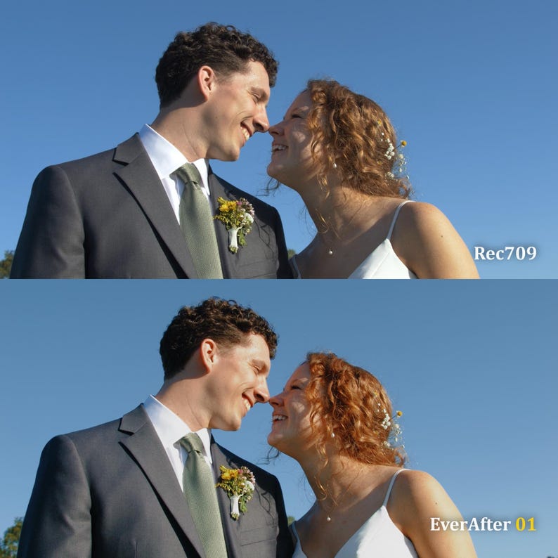 May include: A couple smiles at each other, nose to nose, against a clear blue sky. The man wears a gray suit with a green tie and a boutonniere. The woman wears a white dress and has red hair. The text "Rec709" and "EverAfter 01" are visible.