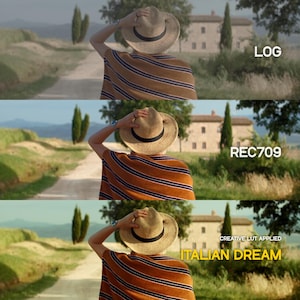 May include: A person wearing a straw hat and a striped poncho, standing on a dirt road, with a Tuscan villa in the background. The image is split into three sections, each with a different color grade, labeled "LOG", "REC709", and "ITALIAN DREAM".