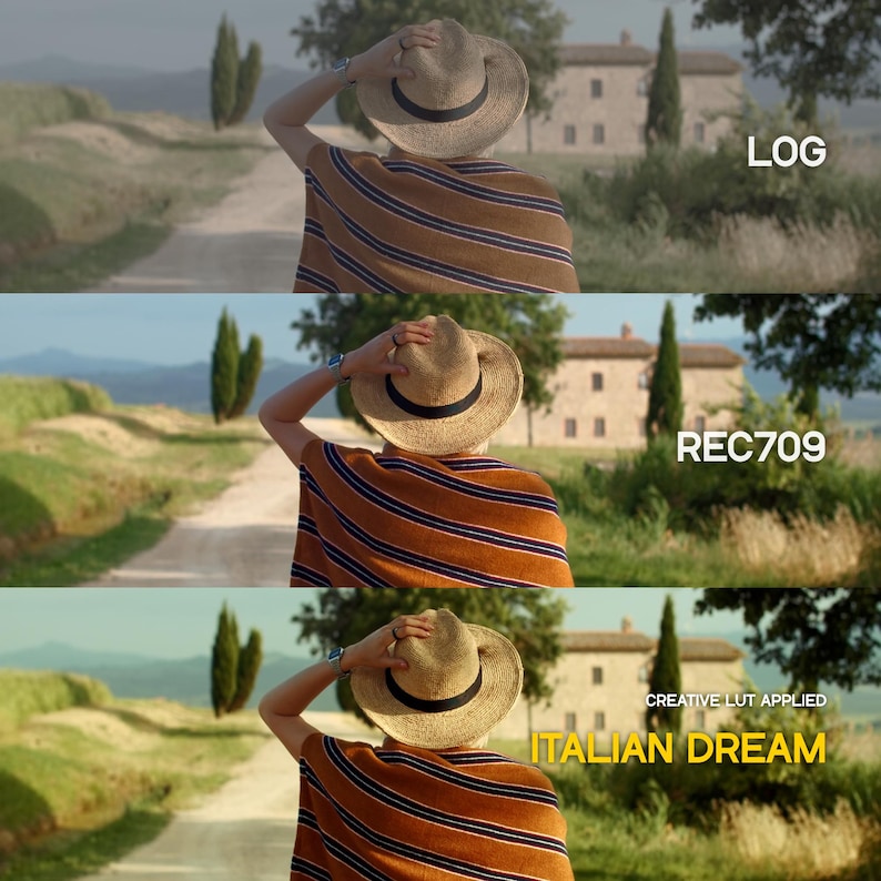 May include: A person wearing a straw hat and a striped poncho, standing on a dirt road, with a Tuscan villa in the background. The image is split into three sections, each with a different color grade, labeled "LOG", "REC709", and "ITALIAN DREAM".