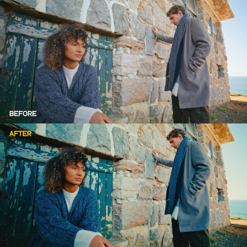 May include: A split-screen image showing a color correction comparison. The top half, labeled "BEFORE," depicts a woman in a blue sweater and a man in a gray coat. The bottom half, labeled "AFTER," shows the same scene with enhanced colors and contrast.