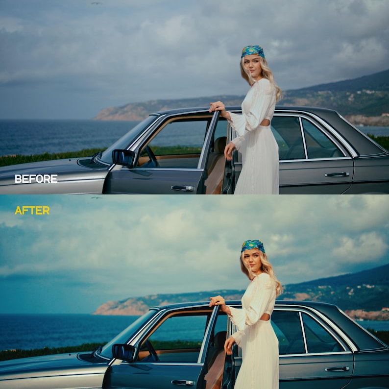 May include: A vintage gray car with the text "BEFORE" above the car and "AFTER" below it. A person wearing a white dress and a blue and green headscarf stands next to the car with the door open. The background is a seascape.