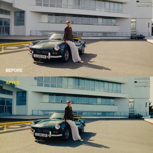 May include: A dark green vintage convertible car with a person leaning on it, wearing sunglasses, a brown shirt, and white pants. The car is parked in front of a white building. The text "BEFORE" and "AFTER" is visible.