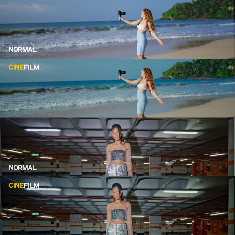 May include: The image shows a split screen with two scenes. The top half features a woman on a beach holding a camera. The bottom half shows a woman in a parking garage. The text "NORMAL" and "CINEFILM" are displayed.