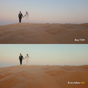 May include: A couple in wedding attire walks hand-in-hand across a sand dune. The man wears a black tuxedo, and the woman wears a white wedding dress. The sky is a gradient of blue and orange. The text "Rec709" and "EverAfter 04" are visible.