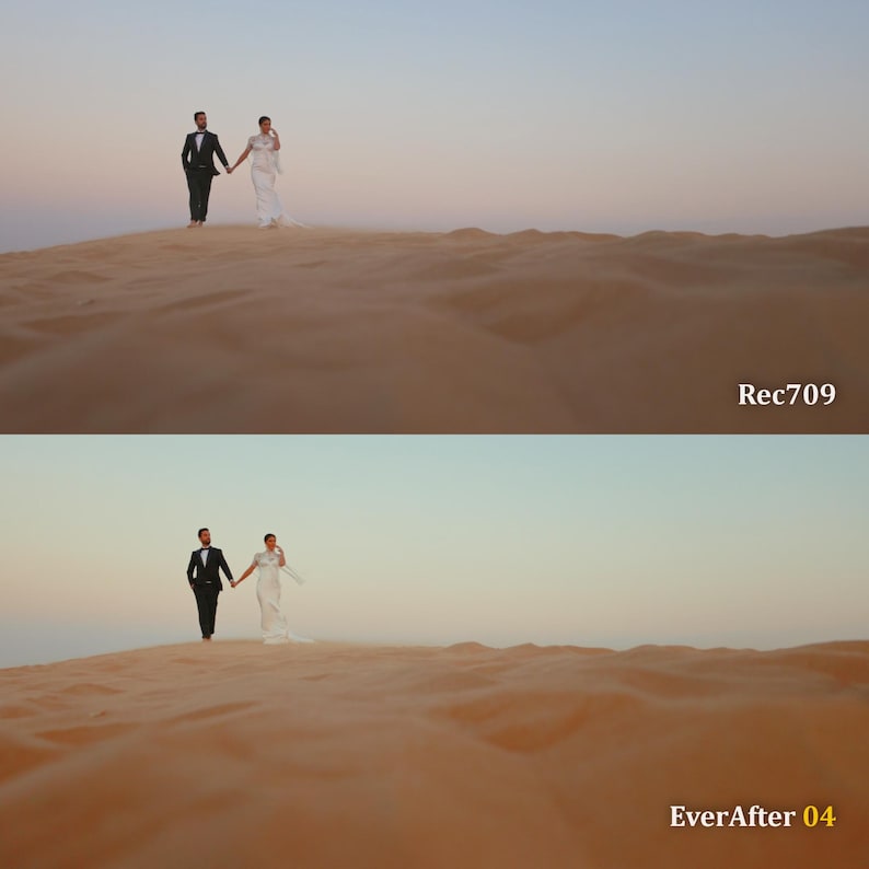 May include: A couple in wedding attire walks hand-in-hand across a sand dune. The man wears a black tuxedo, and the woman wears a white wedding dress. The sky is a gradient of blue and orange. The text "Rec709" and "EverAfter 04" are visible.