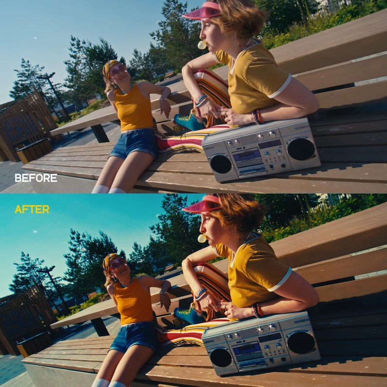 May include: A split image showing a before and after photo editing comparison. The top image shows two people in retro outfits, one with a boombox. The bottom image shows the same scene with enhanced colors. The text "BEFORE" and "AFTER" are visible.