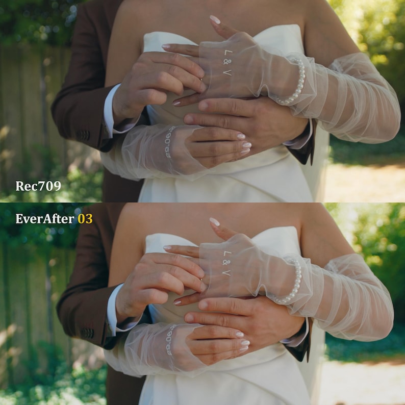 May include: A bride in a white strapless wedding dress with sheer, long gloves. The gloves have a pearl bracelet and the initials "L & V" printed on them. A person in a brown suit embraces the bride from behind.