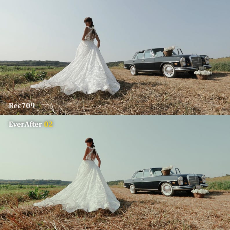 May include: A bride in a white lace wedding dress stands in a field next to a classic black car. The dress has a long train and open back. The car has white-walled tires and flower baskets. The text "Rec709" and "EverAfter 02" are visible.