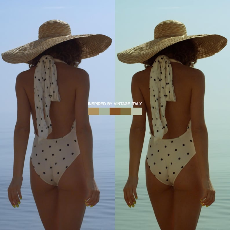 May include: A woman wearing a wide-brimmed straw hat and a white swimsuit with black polka dots. A matching scarf is draped around the neck. The text "INSPIRED BY VINTAGE ITALY" is visible.