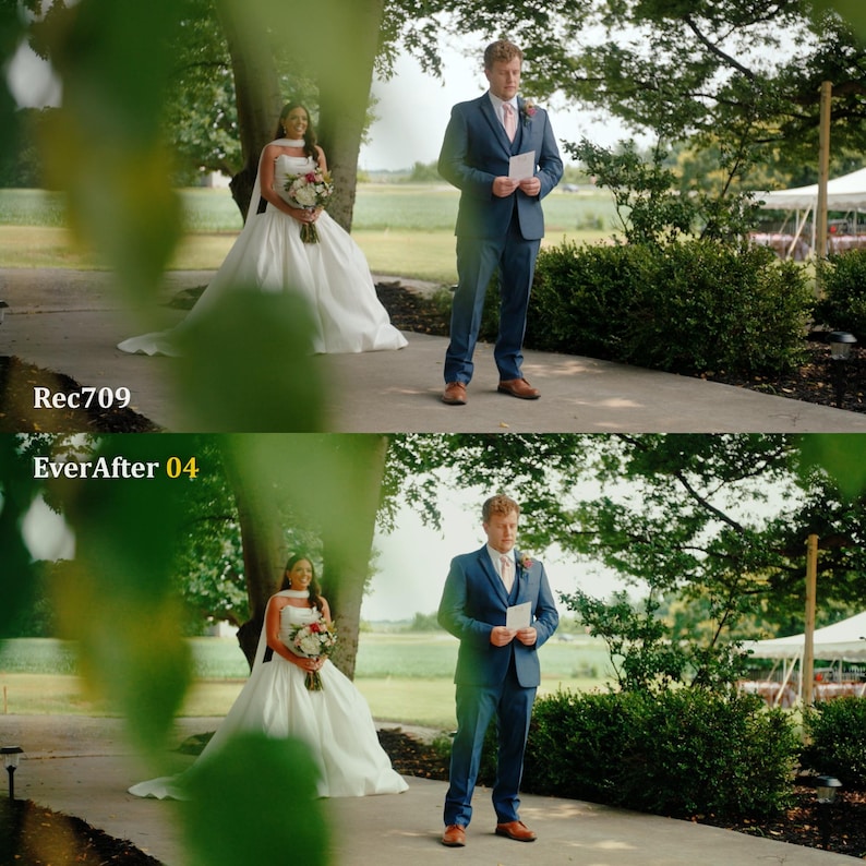 May include: A wedding scene with a bride in a white gown holding a bouquet and a groom in a blue suit reading a paper. The scene is outdoors with trees and greenery, with the text "Rec709" and "EverAfter 04".