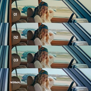 May include: A woman in a vintage car, wearing a white blouse and a blue patterned headscarf. The car's interior is brown, and the woman is looking towards the camera. The image has a retro, cinematic feel.