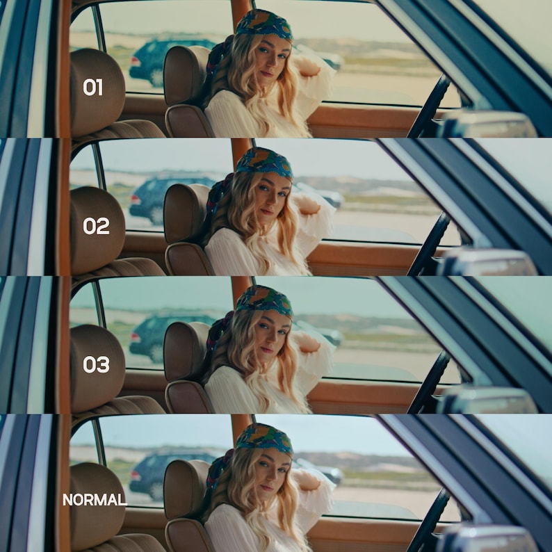 May include: A woman in a vintage car, wearing a white blouse and a blue patterned headscarf. The car's interior is brown, and the woman is looking towards the camera. The image has a retro, cinematic feel.