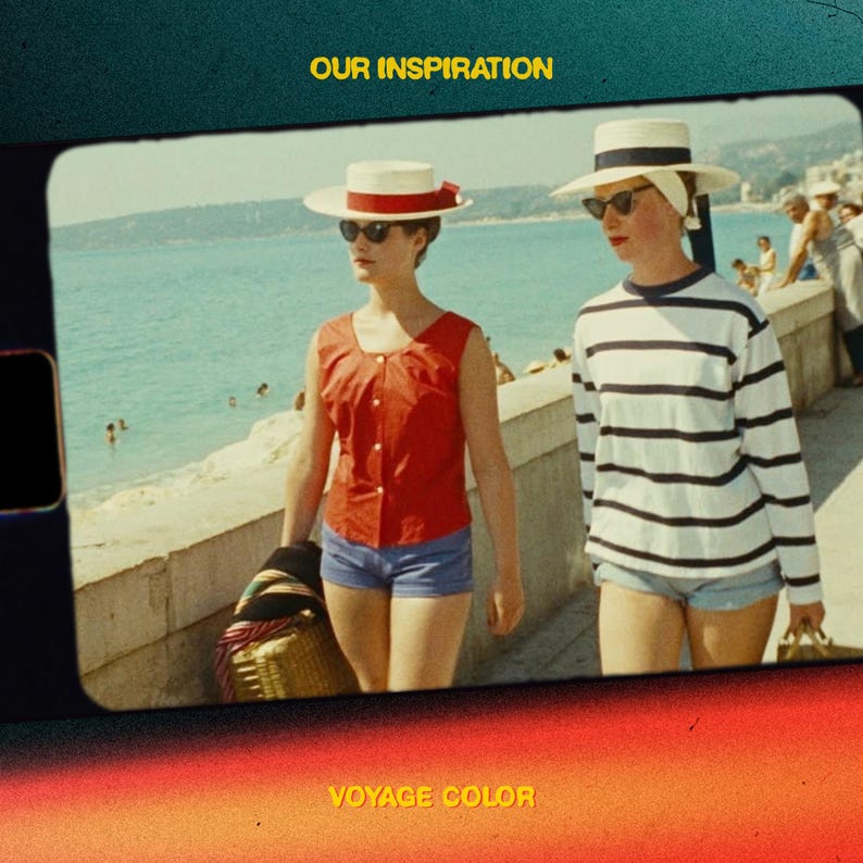 May include: A vintage-style photograph labeled OUR INSPIRATION and VOYAGE COLOR featuring two individuals by the sea. One wears a red sleeveless button-down top and blue shorts with a white hat, while the other wears a white and black striped long-sleeve shirt, blue shorts, and a white hat.