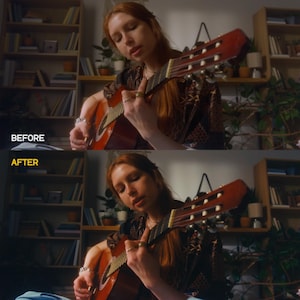 May include: Acoustic guitar with a red-brown finish, being played by a person. The image has text that reads "BEFORE" and "AFTER" in white and yellow, respectively. The background includes a bookshelf and plants.