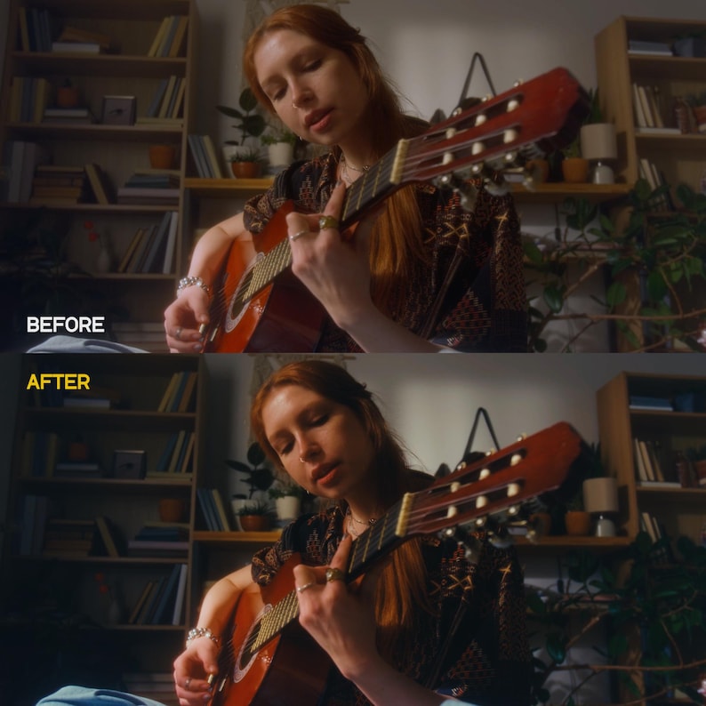 May include: Acoustic guitar with a red-brown finish, being played by a person. The image has text that reads "BEFORE" and "AFTER" in white and yellow, respectively. The background includes a bookshelf and plants.