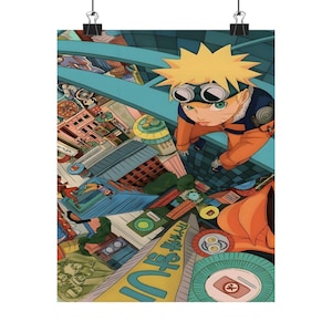 May include: A poster featuring an anime-style illustration of a character with spiky blonde hair, wearing goggles and an orange and blue outfit. The character is looking down over a colorful cityscape with Japanese text.