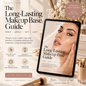 Puede incluir: Una guía digital en PDF titulada The Long-Lasting Makeup Base Guide mostrada en la pantalla de una tableta. La guía incluye texto sobre los pasos de preparación, aplicación, fijación y duración, junto con el retrato de una persona.