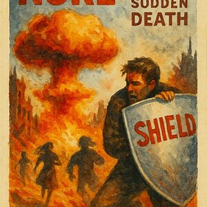 Könnte beinhalten: Vintage-Kartenspiel-Illustration mit dem Wort "NUKE" in Rot. Das Bild zeigt eine Atompilzwolke, eine Person, die ein Schild mit dem Wort "SHIELD" hält, und Figuren, die vor einer Explosion fliehen. Der Text lautet "THE CARD GAME OF SUDDEN DEATH".
