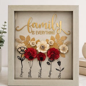 Personalized Family Shadow Box Frame | 3D Paper Flower Art | Custom Name Gift for Mom | Handmade Floral Keepsake | Family Is Everything Deco