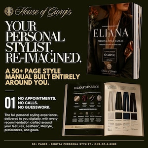 May include: A 50+ page digital personal style manual by House of Giorgis titled Eliana Personal Style Manual. The document features sections on fabric qualities, capsule bottoms, and styling architecture with text, graphics, and imagery.