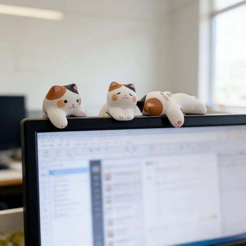 Cartoon Cat Computer Monitor Decor, Cute Cat Figurine, Kawaii Desk ...