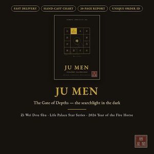 Puede incluir: Un gráfico rectangular negro titulado JU MEN, The Gate of Depths — the searchlight in the dark. Presenta una cuadrícula de caracteres chinos con un cuadrado resaltado en oro, etiquetado como Zi Wei Dou Shu, Life Palace Star Series, 2026 Year of the Fire Horse.