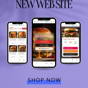 以下が含まれることがあります： 紫色の背景にBurger Stationのウェブサイトインターフェースを表示する3台のスマートフォン。画面にはメニュー項目、トルコ語・英語・ドイツ語の言語選択オプション、および価格が表示されたCrispy Chicken Masterの製品ページが示されています。