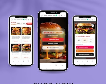 Hemsidesmall för hamburgerrestaurang: Responsiv HTML/CSS/JS digital meny (digital nedladdning)