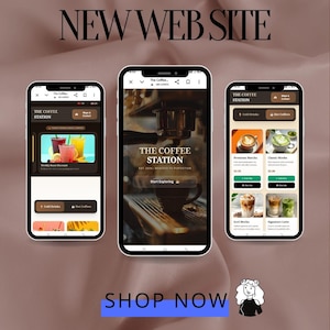 May include: Three smartphones displaying a mobile website for The Coffee Station. The screens show menu options, drink images, and navigation buttons. The text NEW WEB SITE appears at the top, and SHOP NOW is written above the text aylizdev.