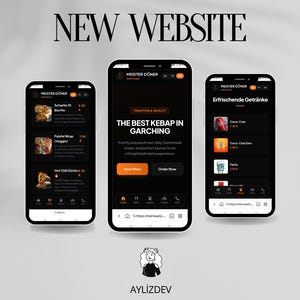 以下が含まれることがあります： ガルヒングにあるレストラン「Meister Döner」のダークテーマのウェブサイトを表示する3台のスマートフォン。画面にはブリトーやラップなどのメニュー、THE BEST KEBAP IN GARCHINGというテキストのホームページ、ドリンクメニューが表示されています。下部にAylizdevのロゴ。