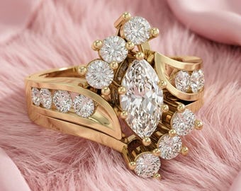 Marquise Cut Cluster Moissanite Engagement Ring Set | Yellow Gold Plated Sterling Silver Wedding Band