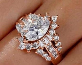 Marquise Cut Moissanit Verlobungsring Set | Rose Gold Sterling Silber Halo Band Schöne Braut Ring Set
