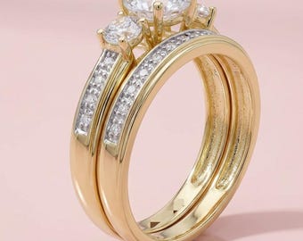 Three-Stone Diamond Engagement Ring Set in 14K Yellow Gold Plated, Round Cut Wedding Ring Set , Anniversary Gift Bridal Ring Band Set