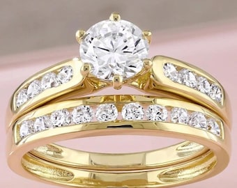 Solitaire CZ Diamond Engagement Ring Set in 14K Yellow Gold Plated, Round Cut Wedding Ring Set , Anniversary Gift Bridal Ring Band Set