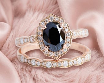 Vintage ovale zwarte diamanten verlovingsring set, roségouden bloemen halo bruidsband